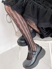 1入組女孩花邊心形圖案甜美洛丽塔打底褲襪 - 黑色 - 查看 1