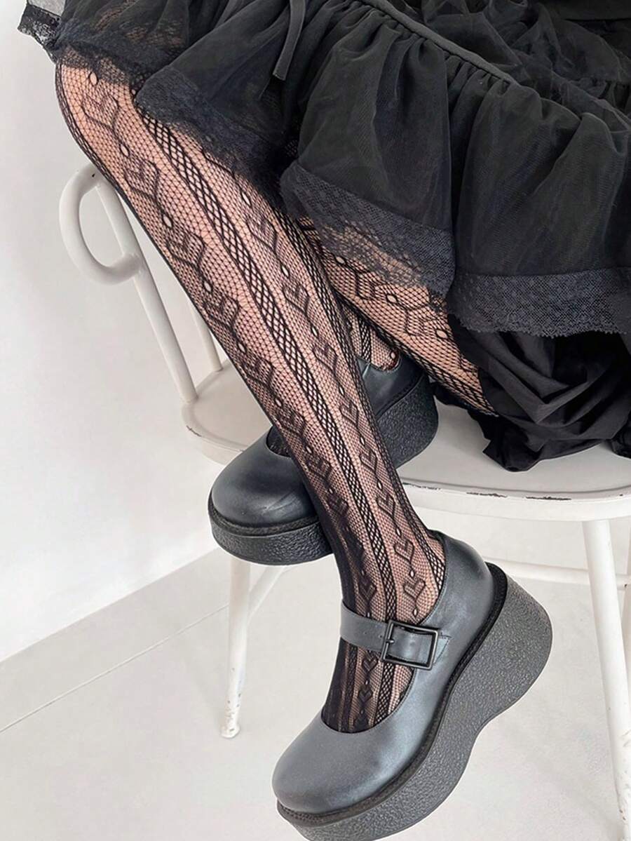 1入組女孩花邊心形圖案甜美洛丽塔打底褲襪 - 黑色 - 查看 1