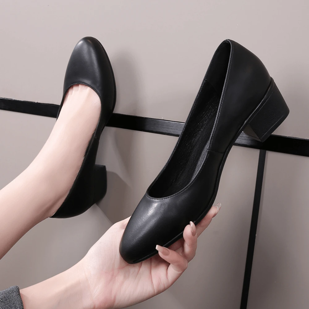 空服員鞋女款黑色柔軟底舒適專業面試厚底皮革泵鞋 - 黑色 - 查看 1