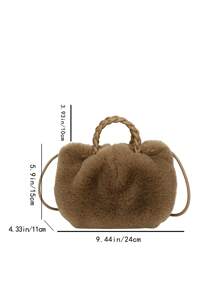 蓬鬆、毛絨、柔軟、毛絨 1入組素色毛絨質感手提包，適合女士日常裝扮，適合女孩、女士、大學生、菜鳥和白領，適合工作、辦公室、通勤、秋冬、暖冬, 秋季 , 冬季必備 - 灰色 - 查看 6