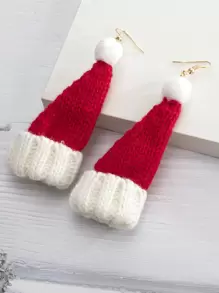 1 对时尚夸张针织面料针织圣诞帽和樱桃耳环，适合圣诞派对佩戴 - 紅色 - 查看 1