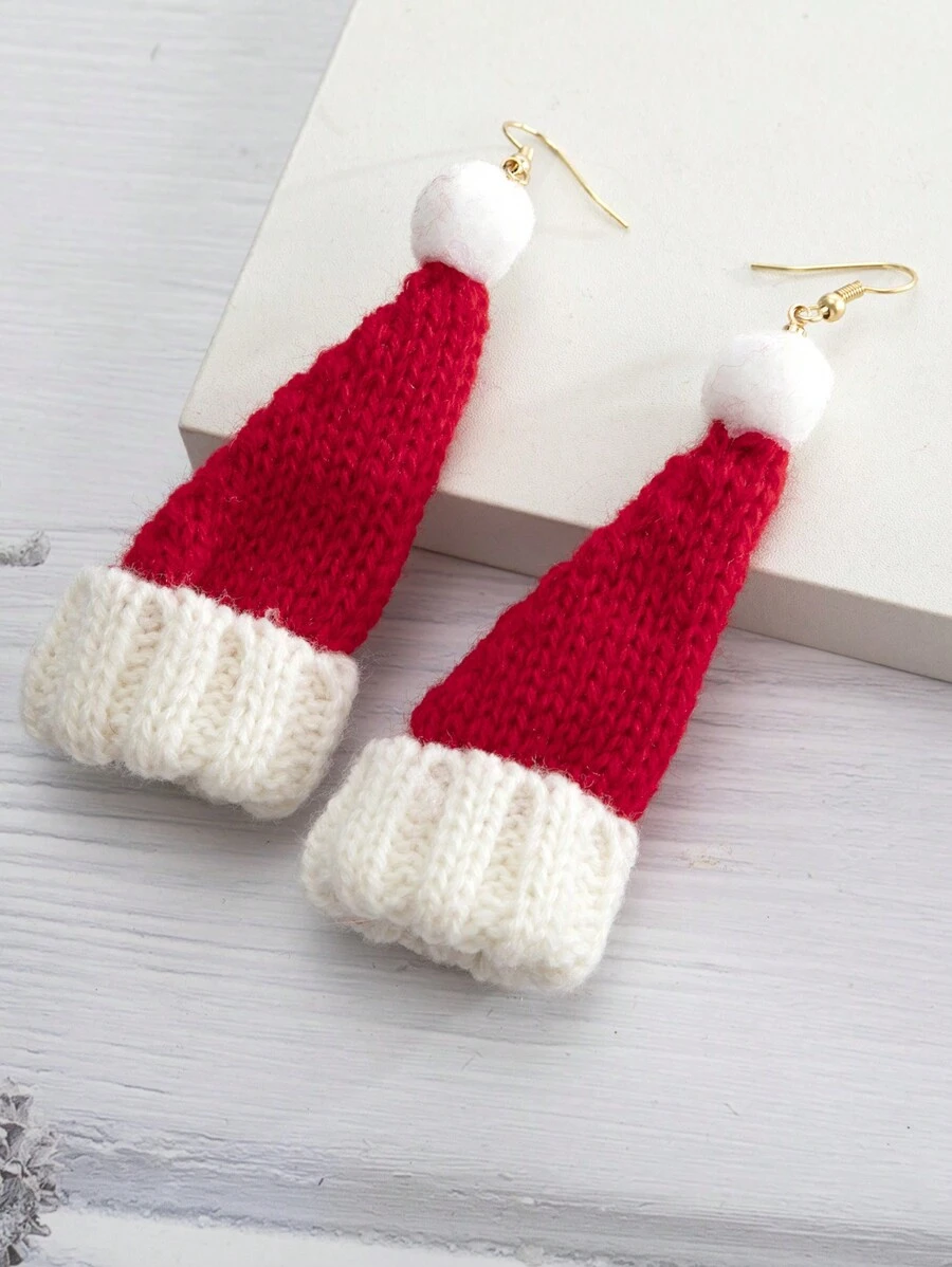 1 对时尚夸张针织面料针织圣诞帽和樱桃耳环，适合圣诞派对佩戴 - 紅色 - 查看 1