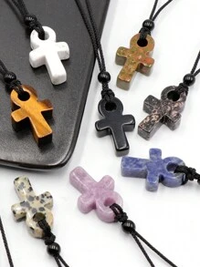 1入組天然水晶交叉項鍊可調節黑色繩索燈芯絨天然寶石石英石項鍊適合男士女性父親節禮品 - 彩色 - 查看 3