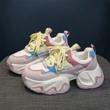 Zapatillas De Plataforma Gruesa Para Mujer, De Corte Bajo Con Bloque De Color, Transpirables, Con Cordones, Casuales, Para Otoño/invierno - Azul - Ver 1