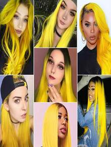 1pc Mustard yellow reen CLip In Long Straight Synthetic Hair Extension - Mustard Yellow - View 6