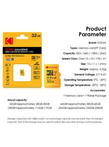 Kodak KODAK U3 Micro SDHC SDXC Card TF Flash Card UHS-I V30 Class10 Memory Card 64GB For Phone Drone Car