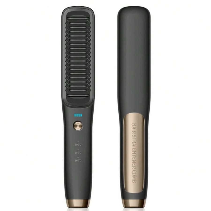 2 In 1 Electric Hair Brush Comb, Usb Rechargeable Straightener, 3 Gears With Lcd Display Screen, Ptc Heating - Black - View 1