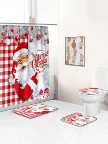 1 件圣诞格子圣诞老人印花涤纶防水隔热家居装饰浴室浴帘或 4 件浴室防滑垫套装，厚度 1.3 厘米，包括浴室浴帘和垫子家居浴室装饰夏季浴室配件返校 - 彩色 - 查看 1