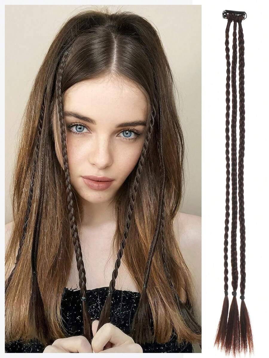 深棕色 22 英寸夹式辫子接发，1 件夹式接发婴儿辫子，一个夹子可做 3 条辫子，总共 3 条辫子，天然柔软合成假发，适合日常佩戴 - Dark Brown - 查看 1