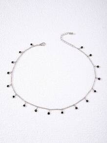 imoli 1pc Simple Alloy Tassel Chain Necklace With Rhinestone Decoration, Perfect For Date Gift (handmade, Size Can Be Adjusted, Quantity Of Rhinestone Varies) - Black - View 4