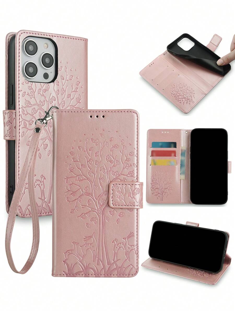 keyunfei 1入組玫瑰金扣設計卡包翻蓋手機殼，帶有鹿和樹圖案，兼容 iphone 13/galaxy S20 Fe/華為 P20 Pro/redmi 9a/xiaomi 11 Lite/oneplus Nord Ce 2 Lite 5g