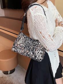 亮片時尚大容量休閒輕質肩袋,適用於宴會和派對女性背包 - 銀色 - 查看 6