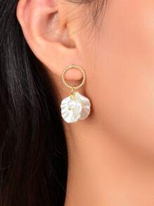 Faux Pearl Shell Drop Earrings - Yellow Gold - View 2
