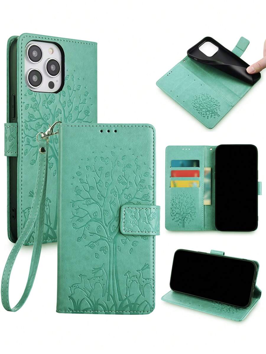 keyunfei 1入組綠色森林壓花圖案卡槽支架附皮繩和 PU 翻蓋手機殼相容於 Apple 11/三星 Galaxy A52/a52s/華為 P30 Lite/Poco X3 Pro/redmi A1 + /a2 + /Pixel 7a/oppo Reno 7 4g/oneplus Nord N100/華為Nova 9/榮耀50 - 綠色 - 查看 1