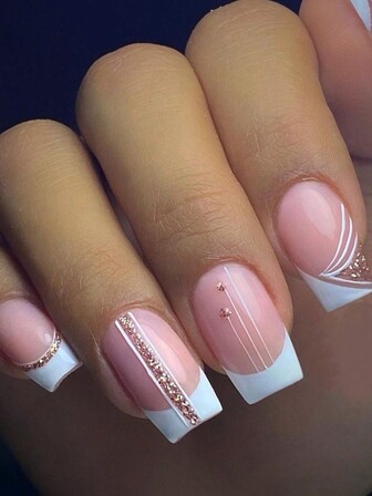 24入組歐洲形狀短法式閃亮閃粉裝飾假指甲,附1片雙面膠,1支指甲檔