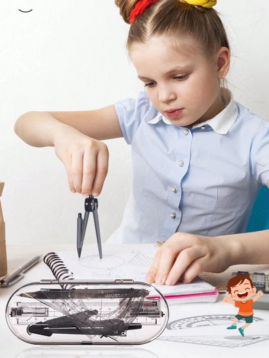 1pc Compass Automatic Pencil Set With Ruler, Protractor, Triangle Scale