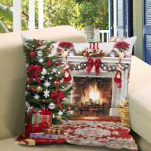 1pc Christmas Santa Claus With Gifts Printed Pillow Cover For Home Decoration, Soft Peach Skin Cushion Cover For Office Decor (pillow Core Not Included) - Burgundy - View 1