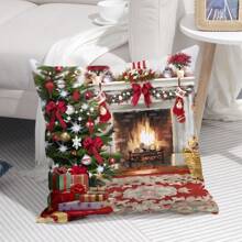 1pc Christmas Santa Claus With Gifts Printed Pillow Cover For Home Decoration, Soft Peach Skin Cushion Cover For Office Decor (pillow Core Not Included) - Burgundy - View 5