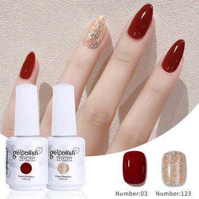 2瓶15毫升红色凝胶指甲油，可卸除，LED/UV灯固化，中性色，持久速干，适合家庭美甲沙龙DIY美甲艺术印花。