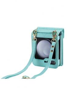 適用於三星Galaxy Z Flip 3 Flip4 Flip 5，帶有環扣支架及卡片錢包的豪華皮革保護殼 - 薄荷綠 - 查看 8