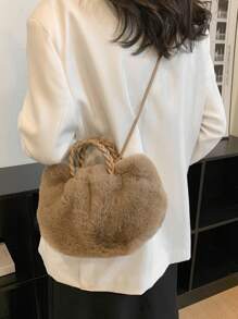 蓬鬆、毛絨、柔軟、毛絨 1入組素色毛絨質感手提包，適合女士日常裝扮，適合女孩、女士、大學生、菜鳥和白領，適合工作、辦公室、通勤、秋冬、暖冬, 秋季 , 冬季必備 - 灰色 - 查看 2