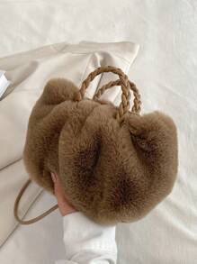 蓬鬆、毛絨、柔軟、毛絨 1入組素色毛絨質感手提包，適合女士日常裝扮，適合女孩、女士、大學生、菜鳥和白領，適合工作、辦公室、通勤、秋冬、暖冬, 秋季 , 冬季必備 - 灰色 - 查看 4