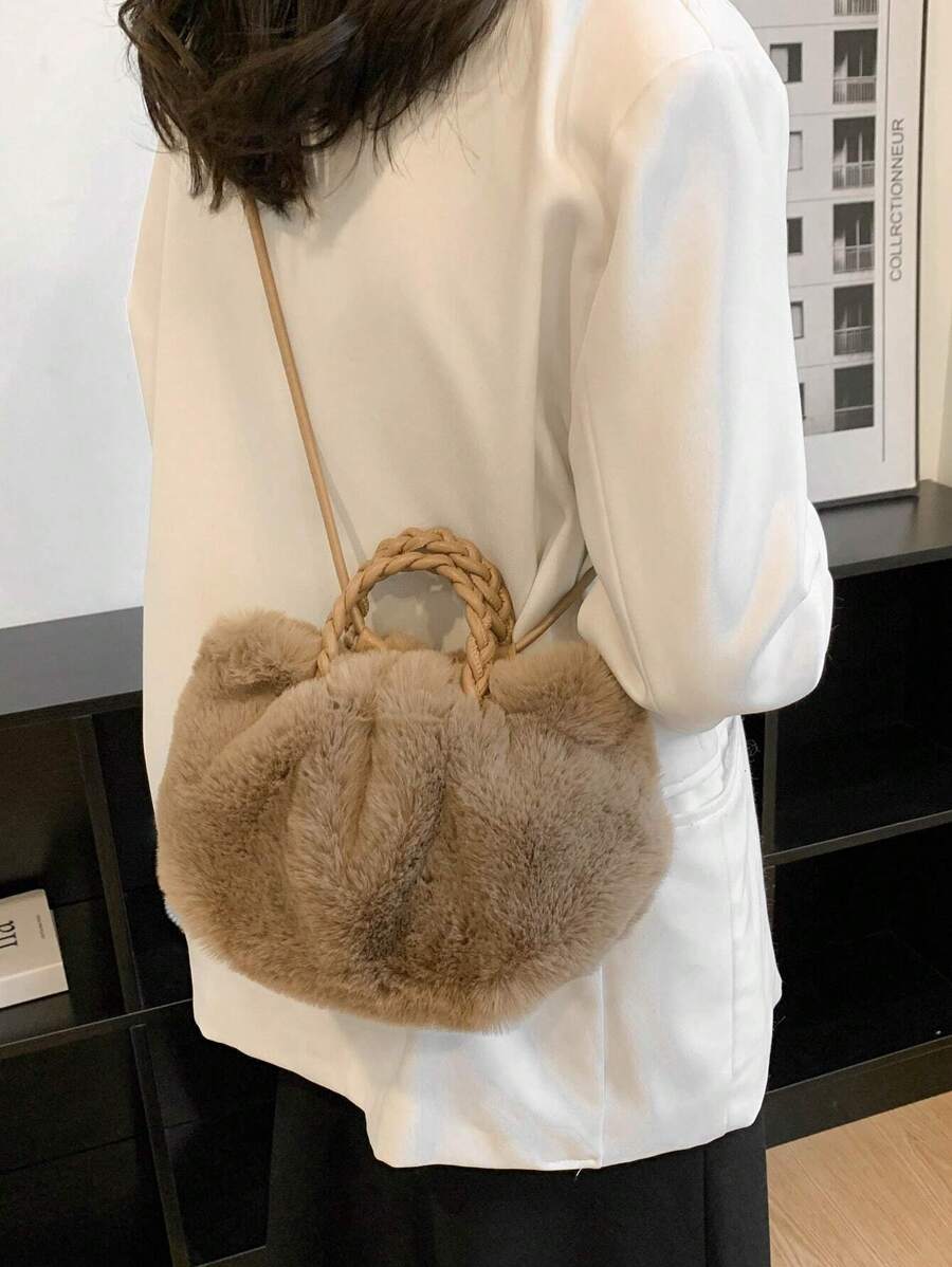 蓬鬆、毛絨、柔軟、毛絨 1入組素色毛絨質感手提包，適合女士日常裝扮，適合女孩、女士、大學生、菜鳥和白領，適合工作、辦公室、通勤、秋冬、暖冬, 秋季 , 冬季必備 - 灰色 - 查看 1