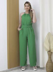 Macacão Longo Pantalona Com Cinto com bolsos tecido duna trabalho casual festa - Verde - Visão 3