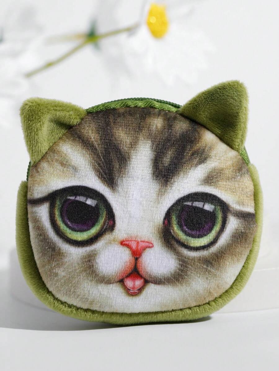 1pc Green Cartoon Cat Mini Zipper Coin Purse, Lovely Small Wallet - Green - View 1