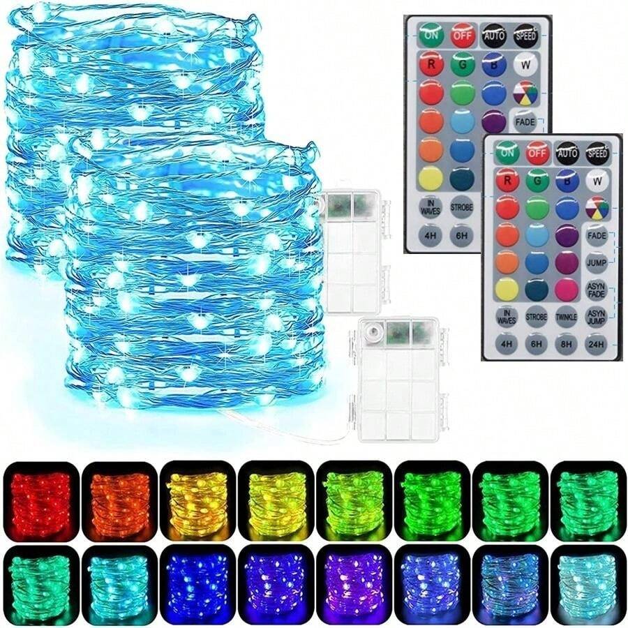 Đèn dây đồng đồng bộ 7 màu, 100 đèn LED đổi màu có điều khiển từ xa, chạy bằng pin, đèn dây trang trí chống nước cho đám cưới, hiên nhà, sân vườn, trang trí Giáng sinh - Nhiều màu - Xem 1