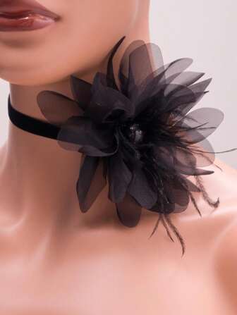 1 Delicate Big Flower Feather Faux Pearl Black Beige Gauze Flannelette Collar Ladies Party Festival Dinner Wedding Rite Of Passage Dress Decoration Necklace Valentines,Mom,Mother,Mother's Day,Gift