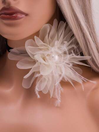 1 Delicate Big Flower Feather Faux Pearl Black Beige Gauze Flannelette Collar Ladies Party Festival Dinner Wedding Rite Of Passage Dress Decoration Necklace Valentines,Mom,Mother,Mother's Day,Gift