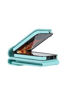 適用於三星Galaxy Z Flip 3 Flip4 Flip 5，帶有環扣支架及卡片錢包的豪華皮革保護殼 - 薄荷綠 - 查看 11