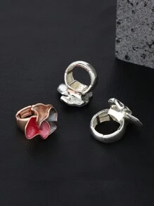 1pc Fashionable Elastic Metal Ring With Open End & Multicolor Flower Design, For Women's Daily Wear - Grey - View 3