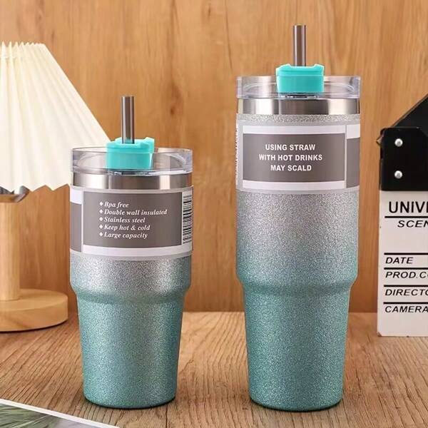 High-Grade Stainless Steel Car Cup With Rhinestone Coating, Vacuum Insulated Straw Cup Big Capacity For Coffee And Iced Drinks, High Looks And Large Capacity (Capacity Deviation Of About 20ml, Actual Product Is Based On)