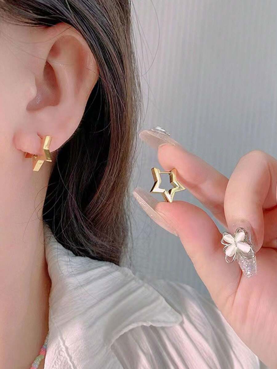 1對簡約時尚不銹鋼星星耳環適合男女日常佩戴 - 星星耳扣 - 查看 1