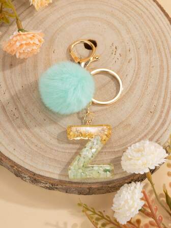 字母 Z 鑰匙扣，帶綠色蓬鬆絨球吊墜鑰匙鏈閃光金箔亮片樹脂鑰匙圈時尚錢包包裝飾品汽車鑰匙圈鑰匙配件包配件包飾品聖誕禮物、萬聖節、聖誕裝飾品、聖誕節適合青少年女孩女大學生