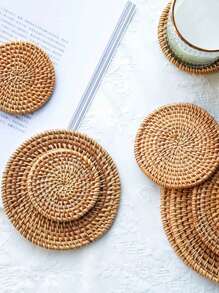 1pc Plain Round Placemat, Woven Design Vintage Insulation Mat, Coaster For Home - Khaki - View 7