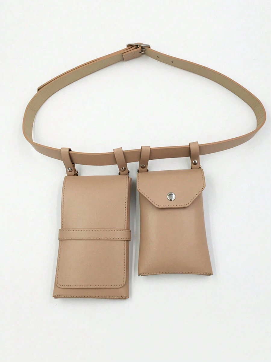2入組女士腰包,街頭搞笑包,pu皮手機腰帶袋,女性時尚斜挎胸包,包括腰帶 - 杏色 - 查看 1