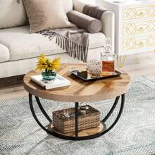 Tribesigns Round Coffee Table, Industrial 2-Tier Circle Coffee Table With Open Storage Shelves, Wooden Accent Center Table Sofa Side Table For Living Room, Home Office Decor Furniture, Brown & Black - Brown + Black - View 9