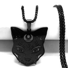 1Pc Black Crescent Moon Cat Pendant Necklace - Black - View 1