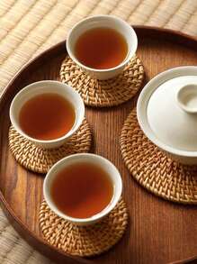 1pc Plain Round Placemat, Woven Design Vintage Insulation Mat, Coaster For Home - Khaki - View 8