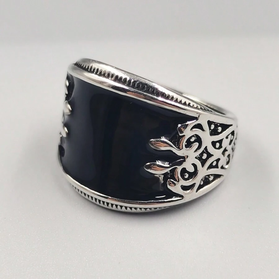 Mujer Anillo nuevo negro esmalte con con patrón floral para hombres & - Negro - Ver 1