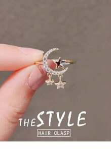 1入婚禮珠寶新娘伴娘可調開口戒指，搭配月亮和星星形狀的鑲嵌鋯石，適合婚禮、約會、購物、日常派對等場合