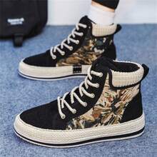 季節性草編高幫帆布運動鞋男天鵝絨休閒鞋韓風學生流行 - 黑色 - 查看 10