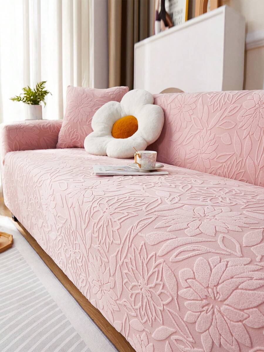 1入組3d花卉圖案沙發套,簡單甜美風格天鵝絨彈性沙發套,沙發坐墊/沙發靠背/扶手全包式設計,適用於各種沙發,四季皆適用 - 粉色 - 查看 1