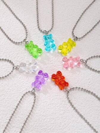 7pcs Colorful Cute Bear Necklace Set, Women/Student/Best Friend Cartoon Necklace