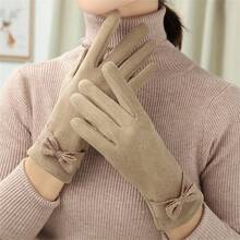 1pair Women's Fashionable Bow Knot Warm Windproof Thermal Lined Cycling Gloves - Khaki - View 1