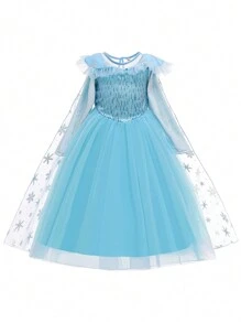 小女孩公主裙，带雪花亮片披风，长袖薄纱泡泡裙，裙摆拖地，适合生日派对、走秀等场合，不含头饰 - 藍色 - 查看 4