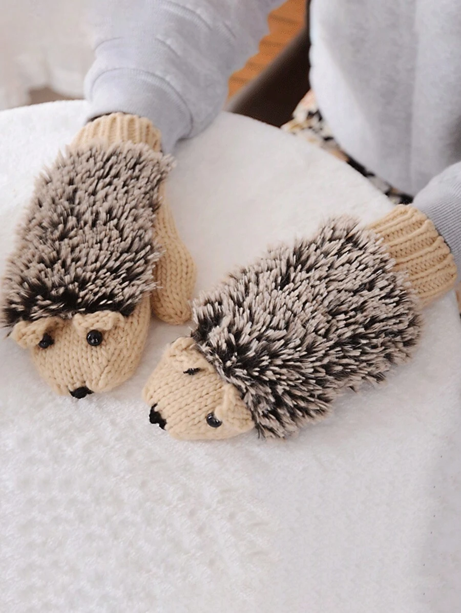 1pair Creative Thick Warm Hedgehog Shaped Gloves For Daily Use - Multicolor - View 1